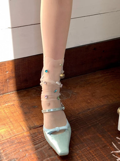 ソックス装飾ラインストーンカーフホワイト