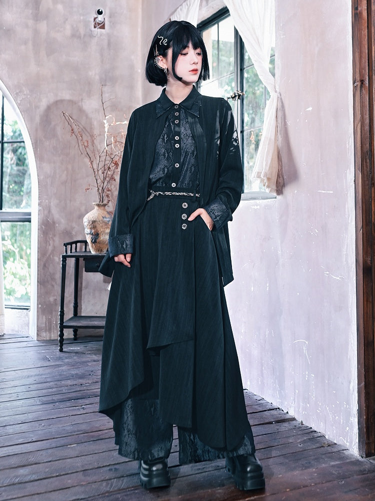 Black Collar Double-layered Shirt Gothic Snake Patchwork Print with Cheongsam