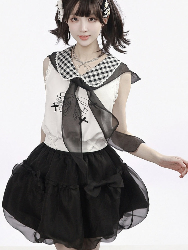 White Gingham Peter Pan Collar Tank with Cartoon Print - PINK SAVIOR