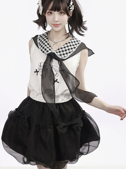 White Gingham Peter Pan Collar Tank with Cartoon Print - PINK SAVIOR
