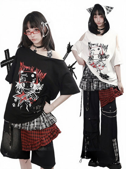 Black Asymmetrical Shoulder T-Shirt with Cartoon Print & Plaid Tie - PINK SAVIOR