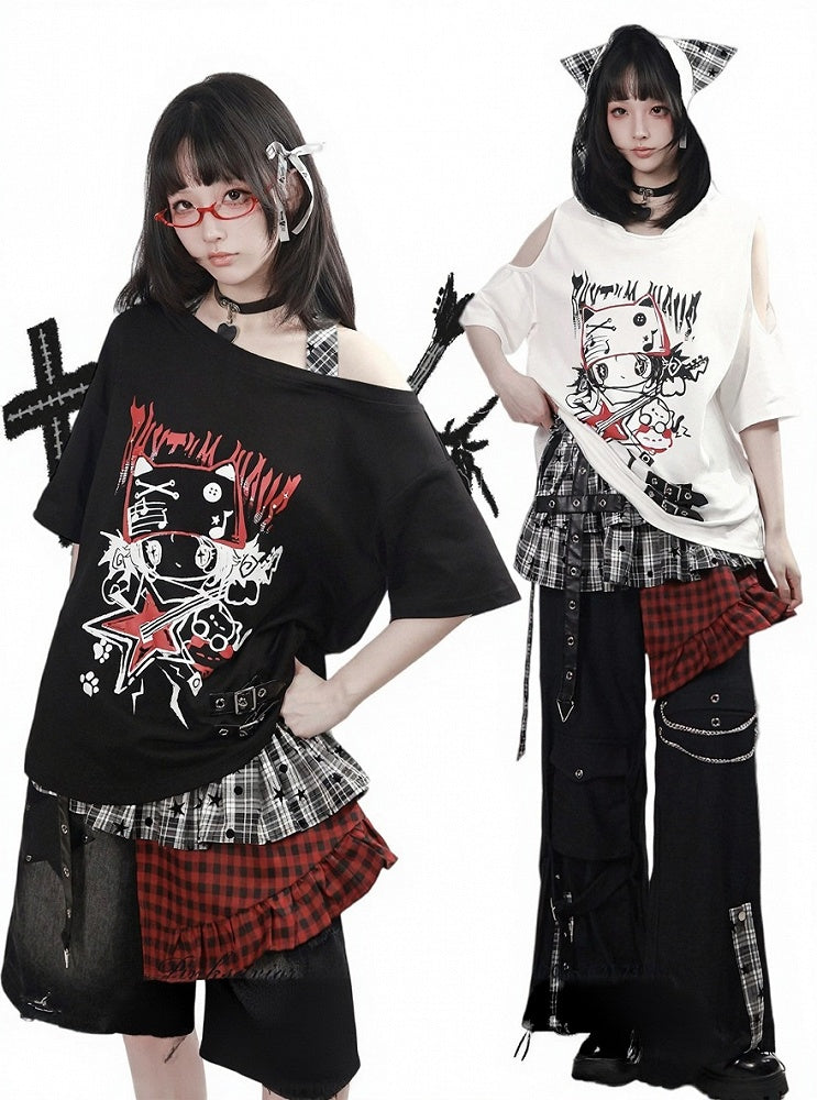 Black Distressed Denim Wide Leg Shorts with Leather Star Patches - PINK SAVIOR