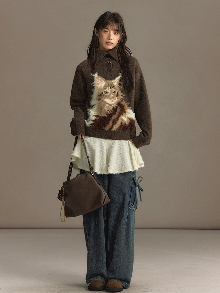 Beige/Brown Cozy Loose-Fit Pullover Sweater with Cat Design and Convertible Collar