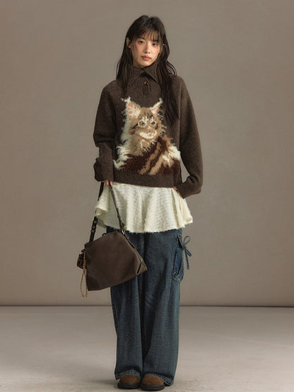 Beige/Brown Cozy Loose-Fit Pullover Sweater with Cat Design and Convertible Collar