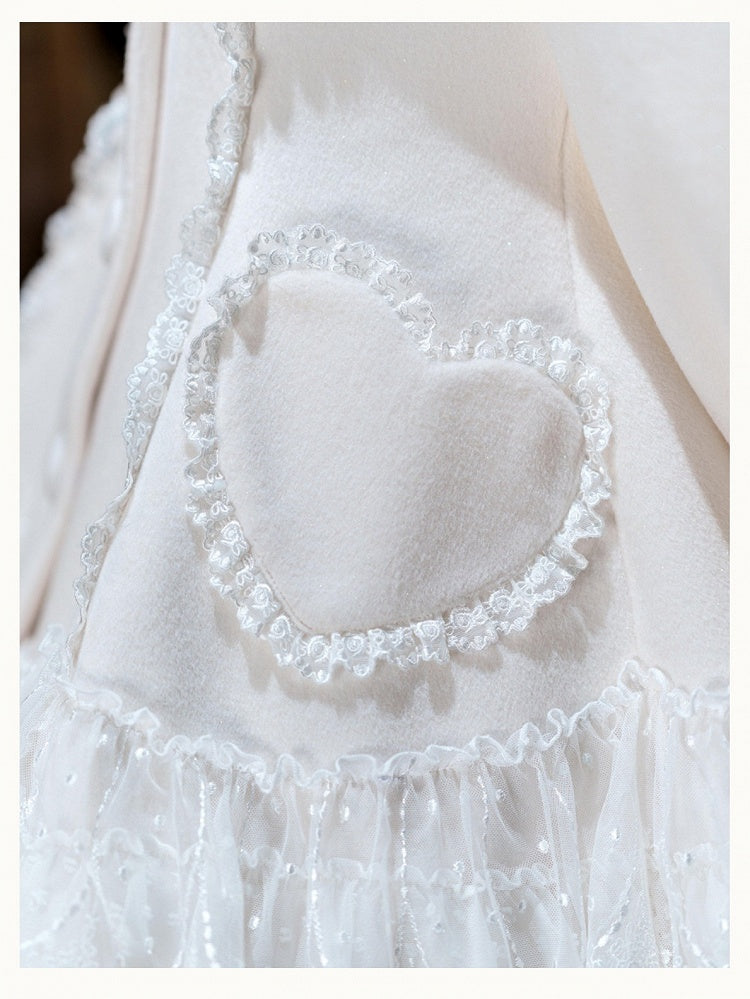Snow White Heart Lace Applique Sweet Lolita Winter Overcoat - Dream Magic Box
