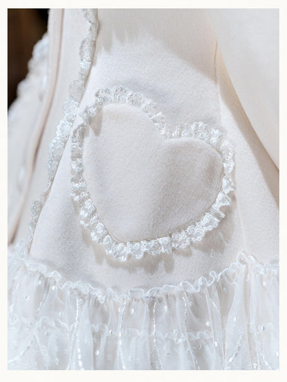 Snow White Heart Lace Applique Sweet Lolita Winter Overcoat - Dream Magic Box