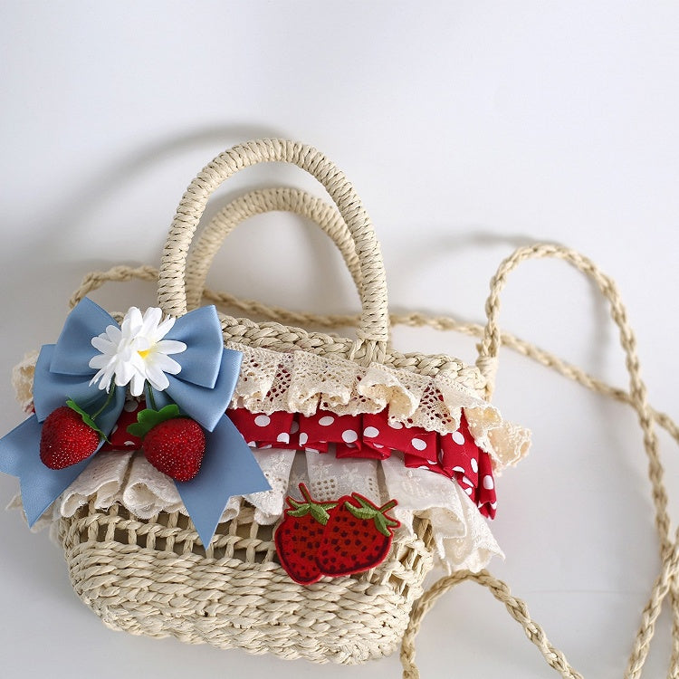 Strawberry Red Crochet Blue Bag Details Crossbody with