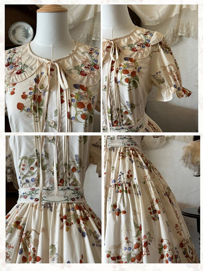 Beige A-Line Dress with Berry Embroidery and Lace Details - Zoncel