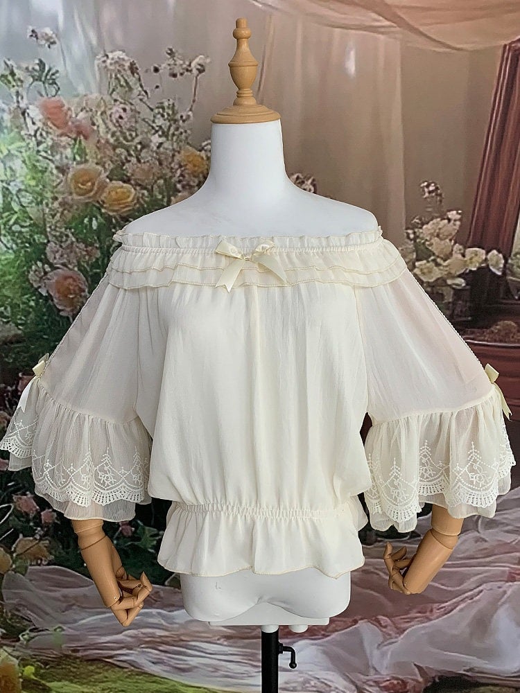 Three Colors Summer Classic Lolita Blouse with Off-Shoulder Neckline and Lace - Lan Jian Chuan