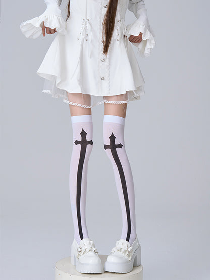 Black/White Print Cross Stockings Over Knee