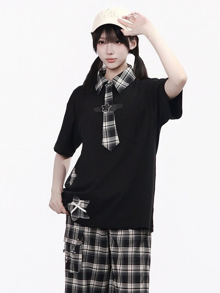 Preppy Plaid Shirt with Star Patches and Tie Details - PINK SAVIOR