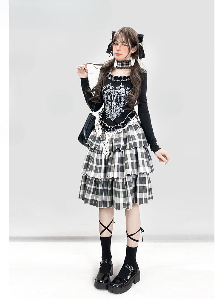 Y2K ブラック＆ホワイト チェック柄 ハイウエスト 膝丈 グラマラス ティアードスカート