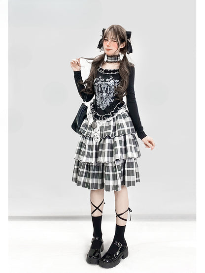 Y2K ブラック＆ホワイト チェック柄 ハイウエスト 膝丈 グラマラス ティアードスカート
