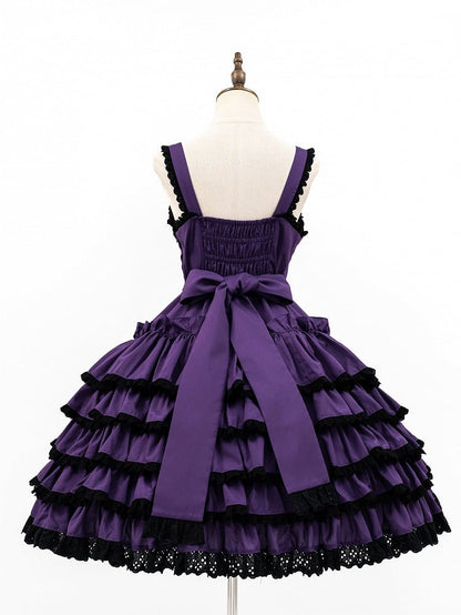 Lolita Gothic and Purple Lace Accents with Trim Dress Ruffles Black Bow Tiered