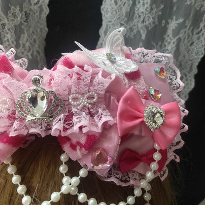 Leoparden-Design, Charm-Muster, Spitze, Schleife, rosa Perlen, Haarspange, Blumen-Strass verziert