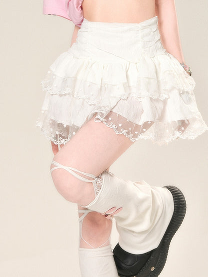 スカート グラマラス ティアード ミニ ウエスト メッシュ ホワイト レーストリム ハイ