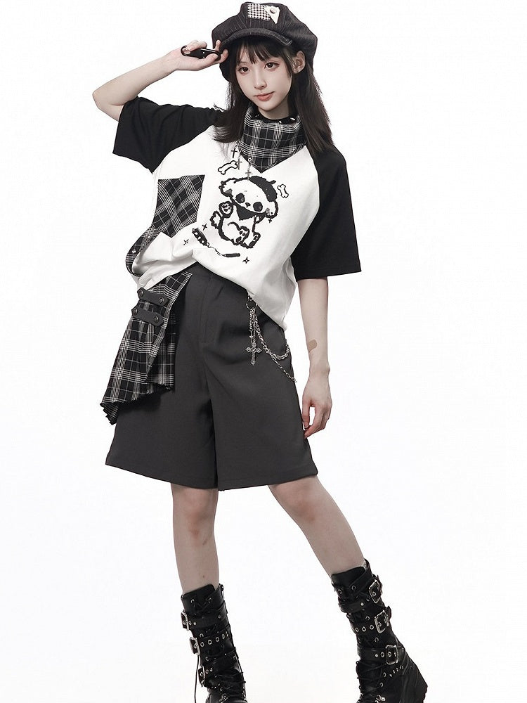 Black & White Puppy Print Raglan Tee with Plaid Neckerchief & Cross Charm Set - PINK SAVIOR