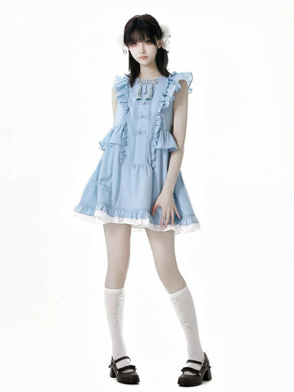 Rococo Back Buttons Style Blue Flutter Sleeves Big Sleeveless Dress Knot Cheongsam Details Tassel Bow