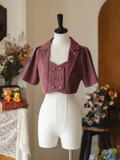 レッドレトロファッションブレザーカラーバタフライスリーブクロップドトップス