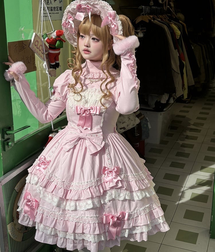 Rosa kurzes Schleifenkleid Old Lolita Accents Puff School mit Ärmeln