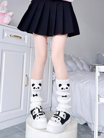 Creamy White/Black Panda & Bow Decoration Leg Warmers
