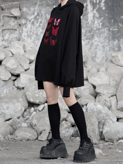 Flock Butterfly Dark Embroidery with Loose Delicate Romance Gothic Red Hoodie Black