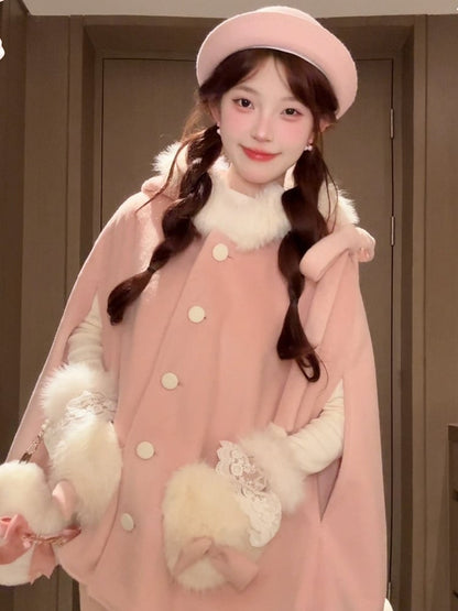 Plush Coat Winter Skirt Pink Sweet Set Lolita with Pockets Cape Heart-shaped +