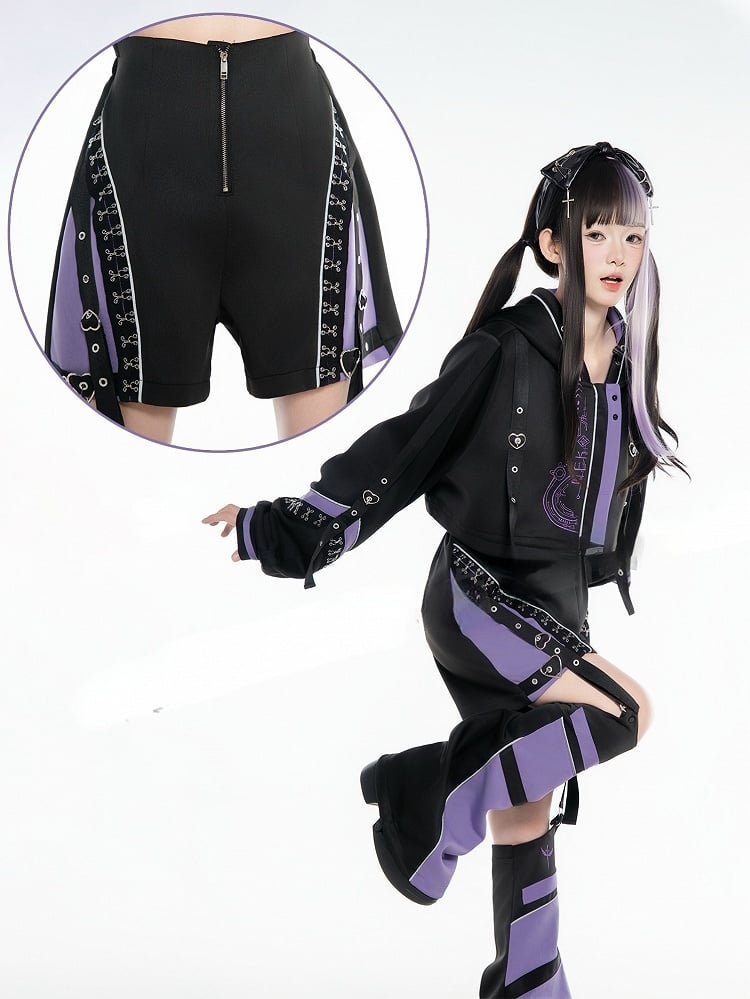 Heart Straps Neon-Noir Shorts with and Purple Black Utility Buckle -