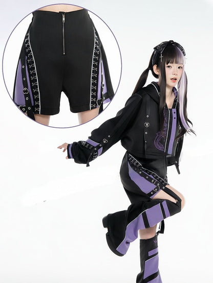 Heart Straps Neon-Noir Shorts with and Purple Black Utility Buckle -