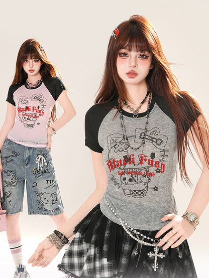 グレー/ピンクのカラーブロックデザイン キティプリントTシャツ