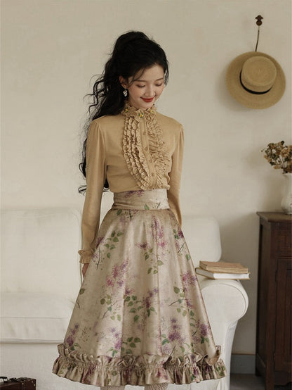 ヴィンテージパープルフローラルプリントフリルトリムハイウエストスカート