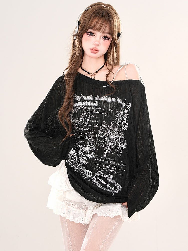 Schwarz/weißes, locker sitzendes, bedrucktes Oberteil mit asymmetrischem Ausschnitt