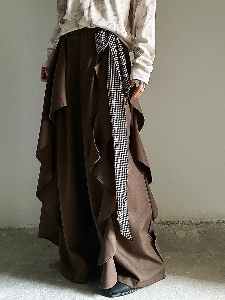 Fastening Button Pants Style Zip Ruffles Cascading Ornate Functional in Princely with Wide-leg Brown