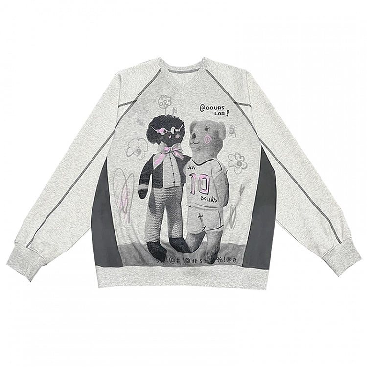 Bear Vintage Gray V-Neck with Print Oversized Sweatshirt