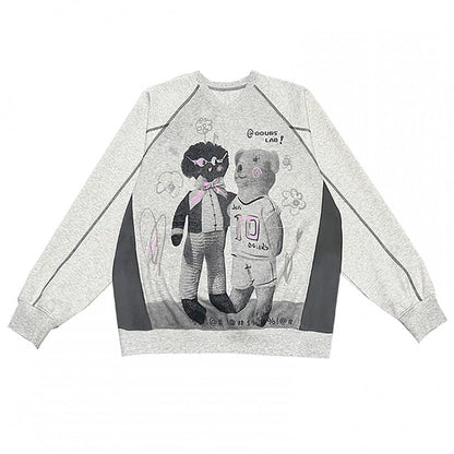 Bear Vintage Gray V-Neck with Print Oversized Sweatshirt