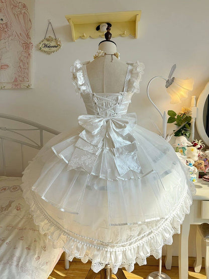 Lolita Accents Ruffle Skirt with Princess Layered Silver Dress White JSK and Bow