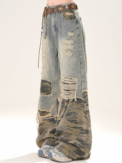 Blue Camo Holes Cut Bittersweet Glamorous Jeans Pattern Wide-leg Distressed