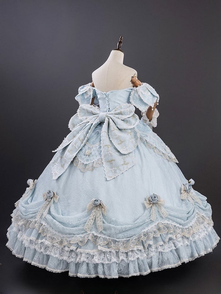 Light Blue Off-Shoulder Hime Lolita Gown - Layered Lace Princess Dress