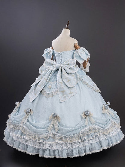 Light Blue Off-Shoulder Hime Lolita Gown - Layered Lace Princess Dress