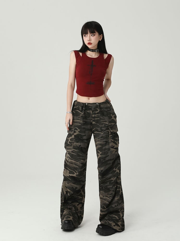 Gothic Wine Red Cross Backless Glamorous Cropped Sleeveless Top