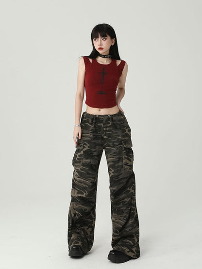 Gothic Wine Red Cross Backless Glamorous Cropped Sleeveless Top