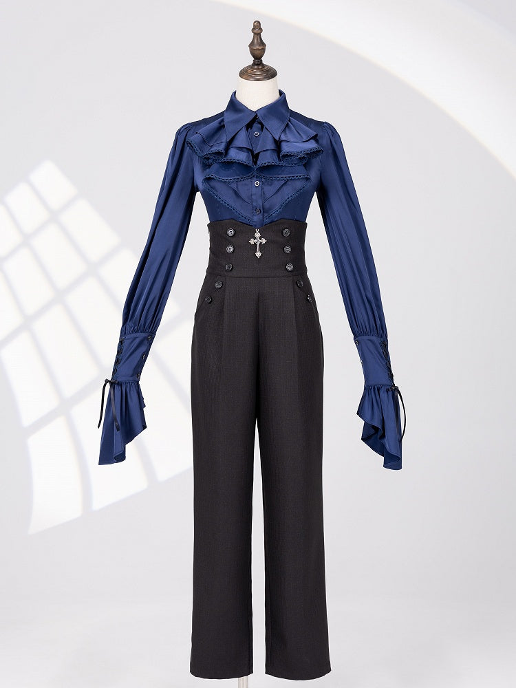 Shimmering Black High-Rise Ouji Pants with Silver Cross Buttons - DevilInspired Exclusive Collection