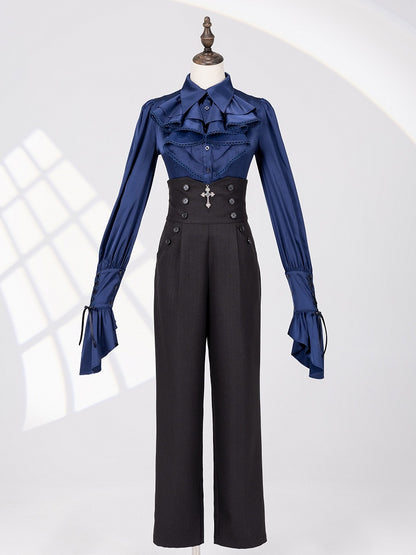Shimmering Black High-Rise Ouji Pants with Silver Cross Buttons - DevilInspired Exclusive Collection