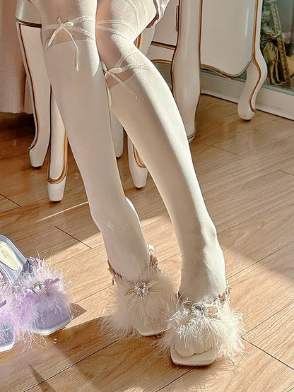 Accents Rhinestone Charm Sandals Sweet with Beige Plush Lolita