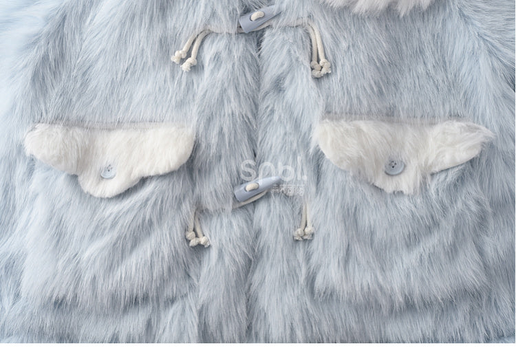 Blauer flauschiger Kunstpelzmantel mit Katzenohren und Kapuze, abnehmbares Katzenplüschtier