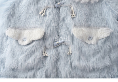 Blauer flauschiger Kunstpelzmantel mit Katzenohren und Kapuze, abnehmbares Katzenplüschtier