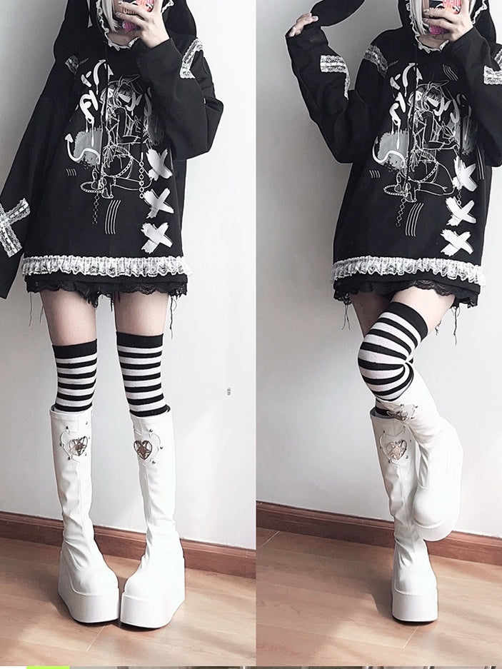 Hoodie with Bunny Ears  Criss-Cross Lace Detail Style White Landmine / Black