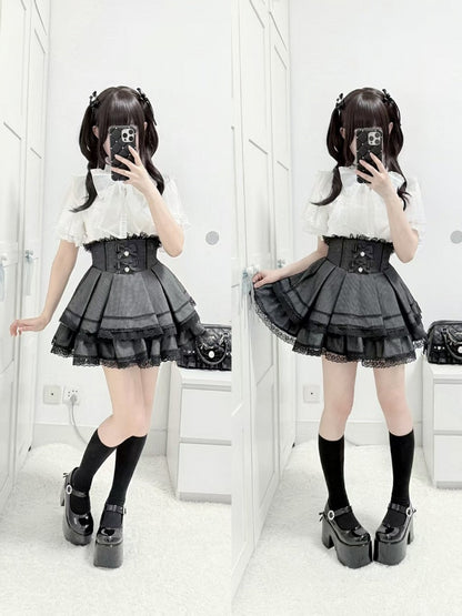Black High-waisted Check Double-layer Skirt with Lace Trim & Bow - shirohato