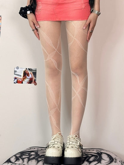 Ribbon Print Tights Black/Whiye/Brown/Gray