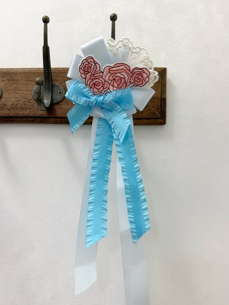 Embroidered Floral Brooch with Blue and Pink Ribbon Bow - Forest Fairy Tales